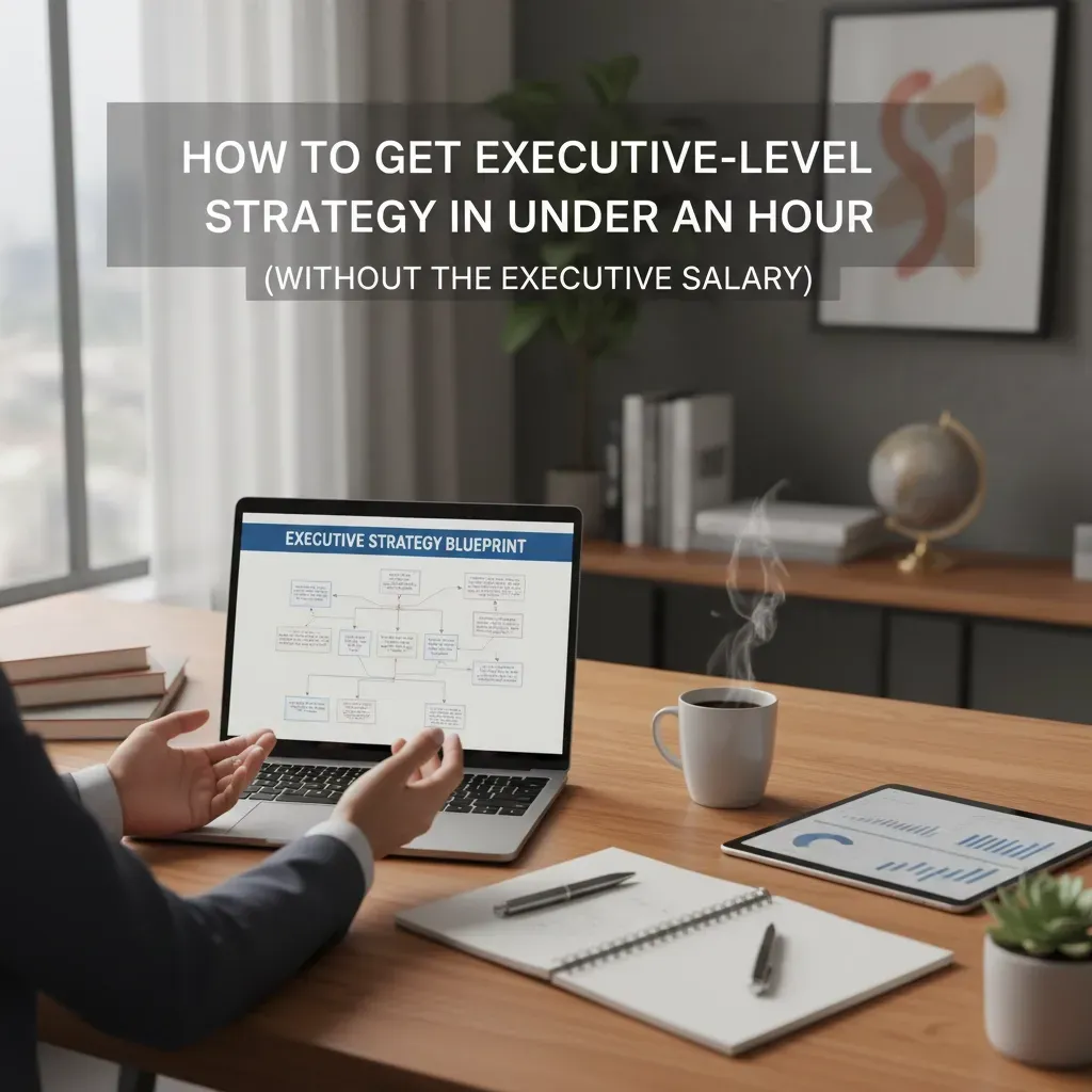 A professional office scene with a person in a suit sitting at a wooden desk, gesturing toward a laptop displaying an “Executive Strategy Blueprint” flowchart. On the desk are a notebook, pen, tablet with charts, and a steaming cup of coffee. Overlaid text at the top reads, “How to Get Executive-Level Strategy in Under an Hour (Without the Executive Salary).” A plant, books, framed artwork, and a globe are visible in the background.