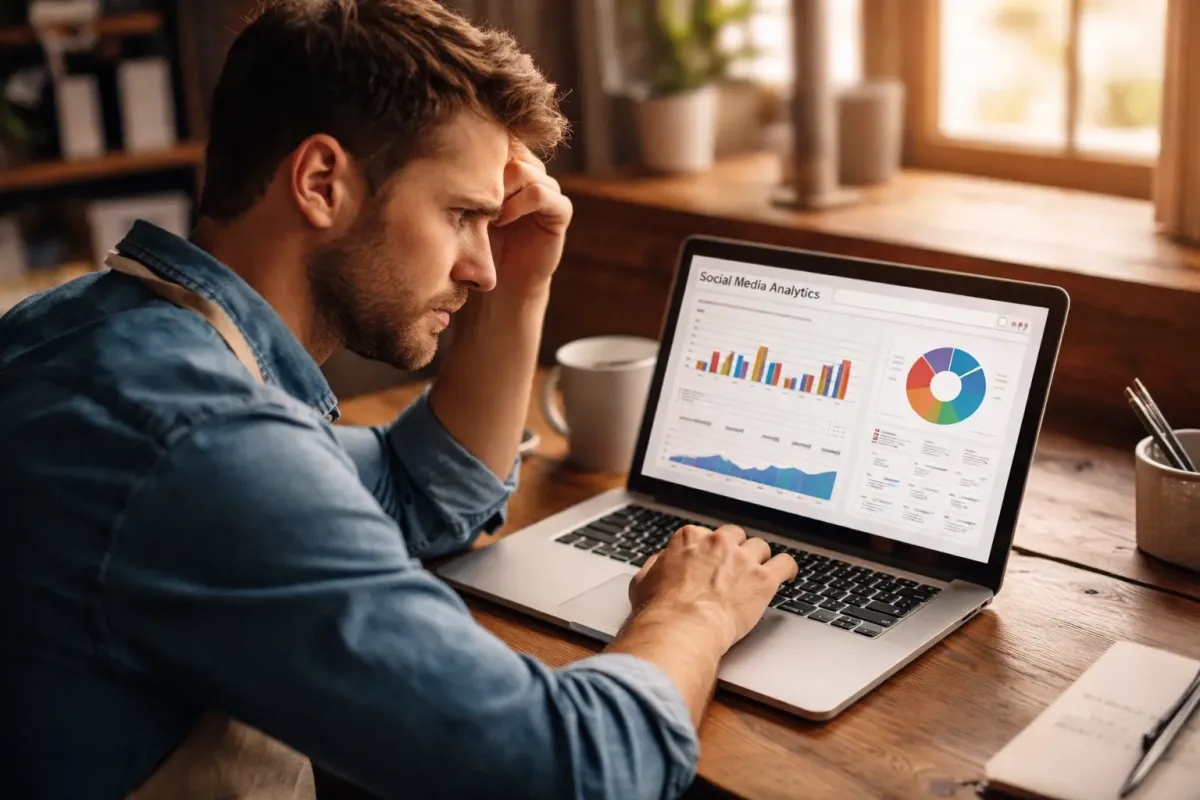 Frustrated man at a desk reviewing social media analytics charts on a laptop in a sunlit home office.