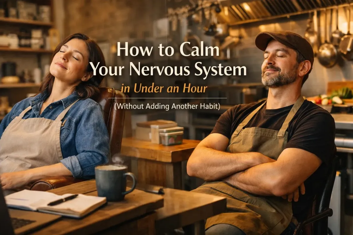 Two small business owners wearing aprons sit back in chairs with their eyes closed, appearing relaxed in a warm café or kitchen workspace. A notebook and coffee mug sit on the wooden table in front of them, with cooking tools and shelves in the background. Overlaid text reads, “How to Calm Your Nervous System in Under an Hour (Without Adding Another Habit).”