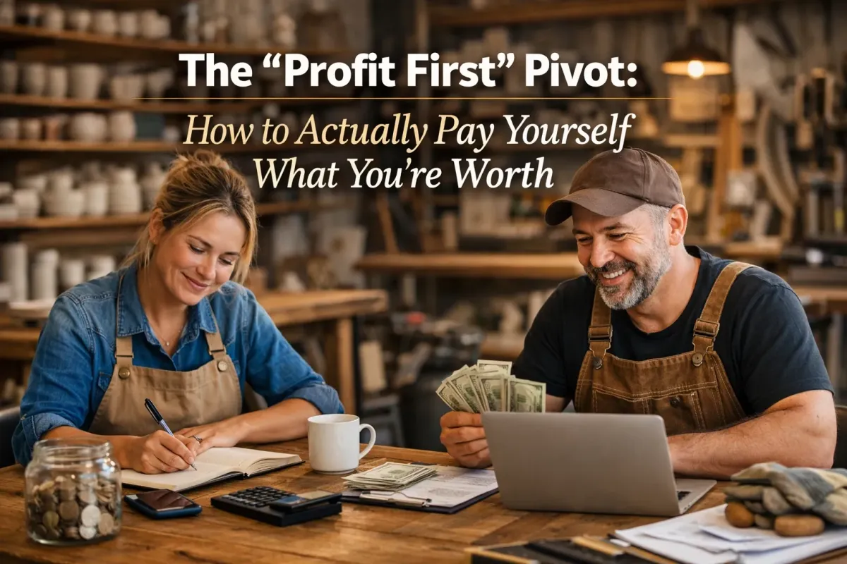 Two small business owners wearing aprons sit at a wooden table in a workshop setting while reviewing finances. One person writes in a notebook while the other smiles and holds cash beside a laptop, with a calculator, phone, and jar of coins on the table. Overlaid text reads, “The ‘Profit First’ Pivot: How to Actually Pay Yourself What You’re Worth.”