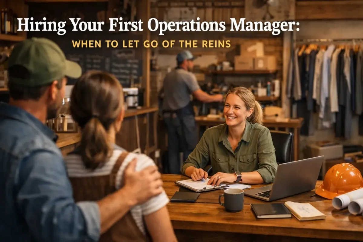 A small business owner couple sits across a wooden desk from a smiling professional during a meeting in a workshop-style office. A laptop, notebook, coffee mug, and construction plans sit on the desk alongside a hard hat. Shelving, tools, and clothing racks appear in the background. Overlaid text reads, “Hiring Your First Operations Manager: When to Let Go of the Reins.”
