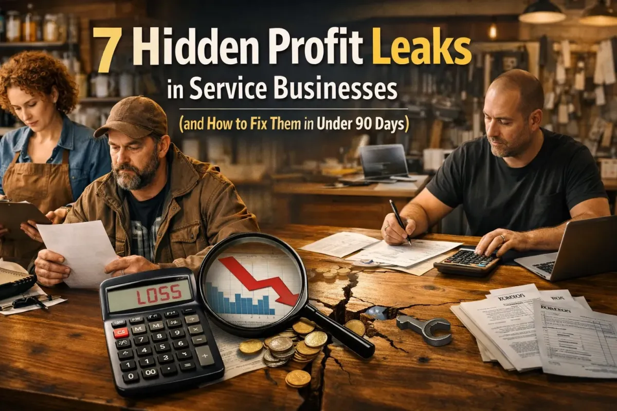 Banner image for ‘7 Hidden Profit Leaks in Service Businesses (and How to Fix Them in Under 90 Days)’ showing two small business owners reviewing paperwork at a rustic workspace. A cracked wooden table, scattered coins, a calculator displaying ‘LOSS,’ and a magnifying glass over a declining chart symbolize financial struggles and profit loss.