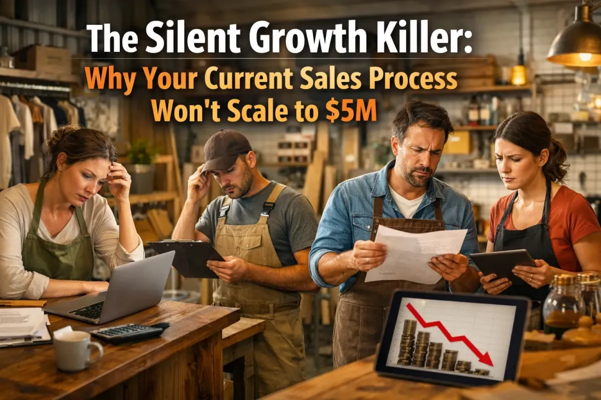 Banner image for ‘The Silent Growth Killer: Why Your Current Sales Process Won’t Scale to $5M’ showing small business owners in a workshop reviewing paperwork and looking concerned, with a tablet displaying a downward financial graph, symbolizing stalled growth and sales challenges