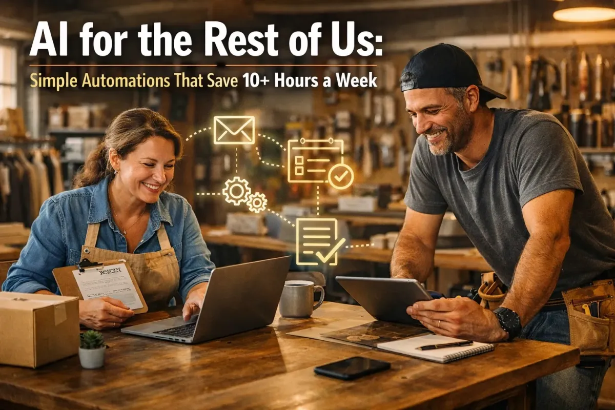 Two small business owners smiling and collaborating at a workbench, surrounded by workshop inventory, with glowing gold icons illustrating automated workflows connecting email, scheduling, task management, and document processing.