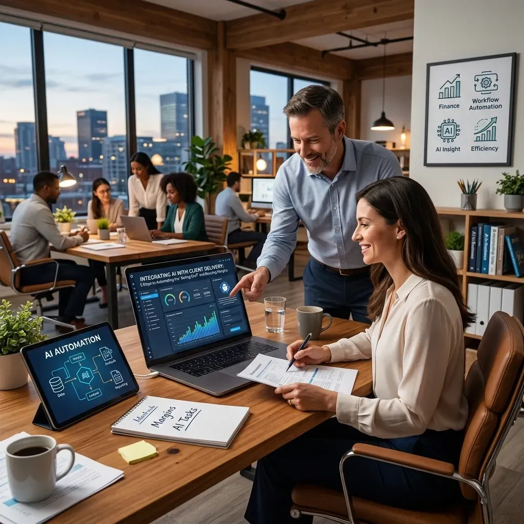 CPA firm and insurance agency professionals using AI automation tools to streamline accounting workflows, analyze financial data, and improve operational efficiency in a collaborative office setting.