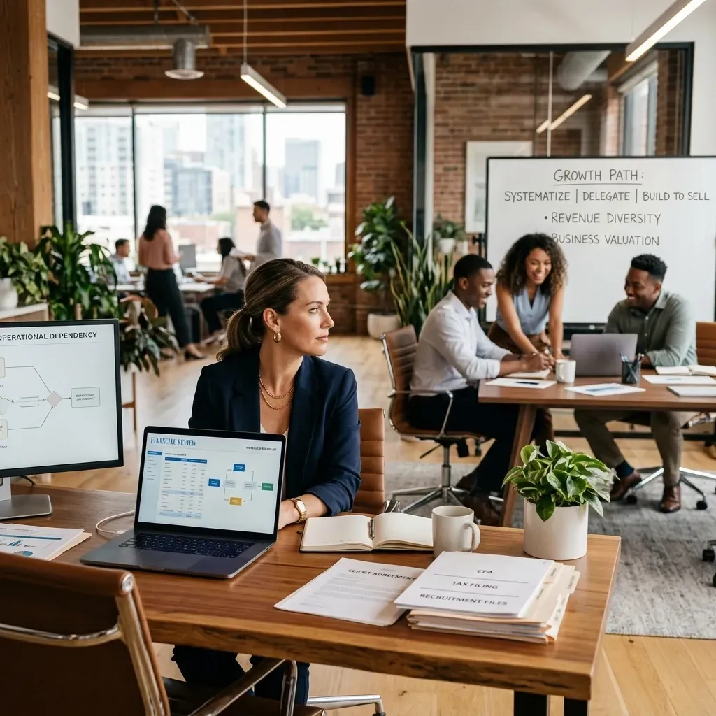 "Business consulting team meeting in a modern office, analyzing financial reports, operational processes, business valuation, revenue diversification, and growth strategy for small and medium-sized businesses."