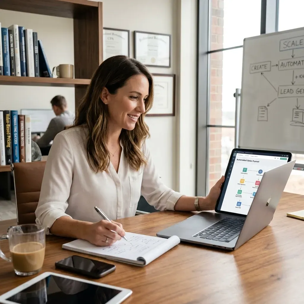 Business consultant reviewing an automated sales funnel on a laptop and tablet while taking notes in a modern office, showcasing CRM automation, lead generation, sales process optimization, and business growth strategy.
