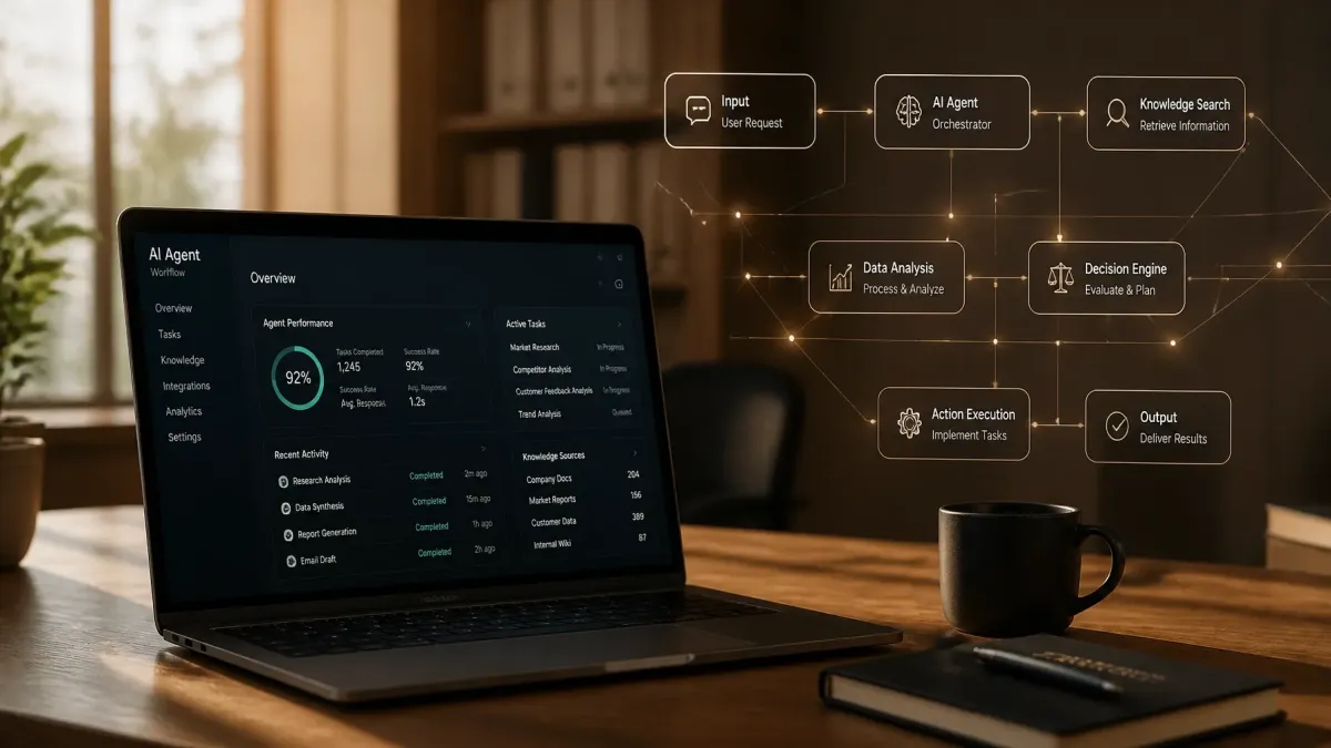 AI agent workflow dashboard displayed on a laptop showing task automation, data analysis, knowledge search, and decision-making processes with a visual AI automation flowchart, representing artificial intelligence, business automation, and workflow optimization.