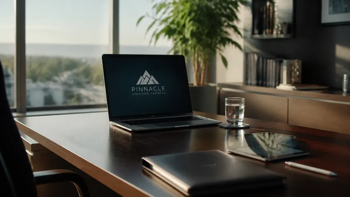 Modern executive office workspace featuring a laptop displaying the Pinnacle Strategic Partners logo on a clean desk with a tablet, notebook, and glass of water, overlooking a city view. Professional business consulting, strategic planning, corporate leadership, financial advisory, and modern office environment.