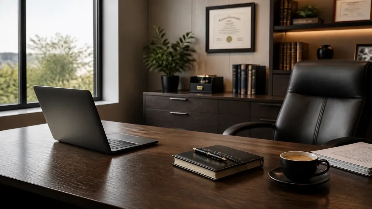 Professional executive office featuring a modern workspace with a laptop, notebook, coffee cup, legal documents, and framed credentials, representing accounting services, CPA firm, financial consulting, tax planning, bookkeeping, business advisory, professional services, executive leadership, client trust, and strategic business consulting.