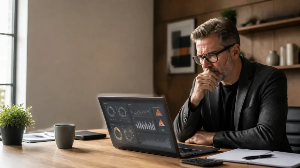 Business professional analyzing financial data and performance metrics on a laptop dashboard