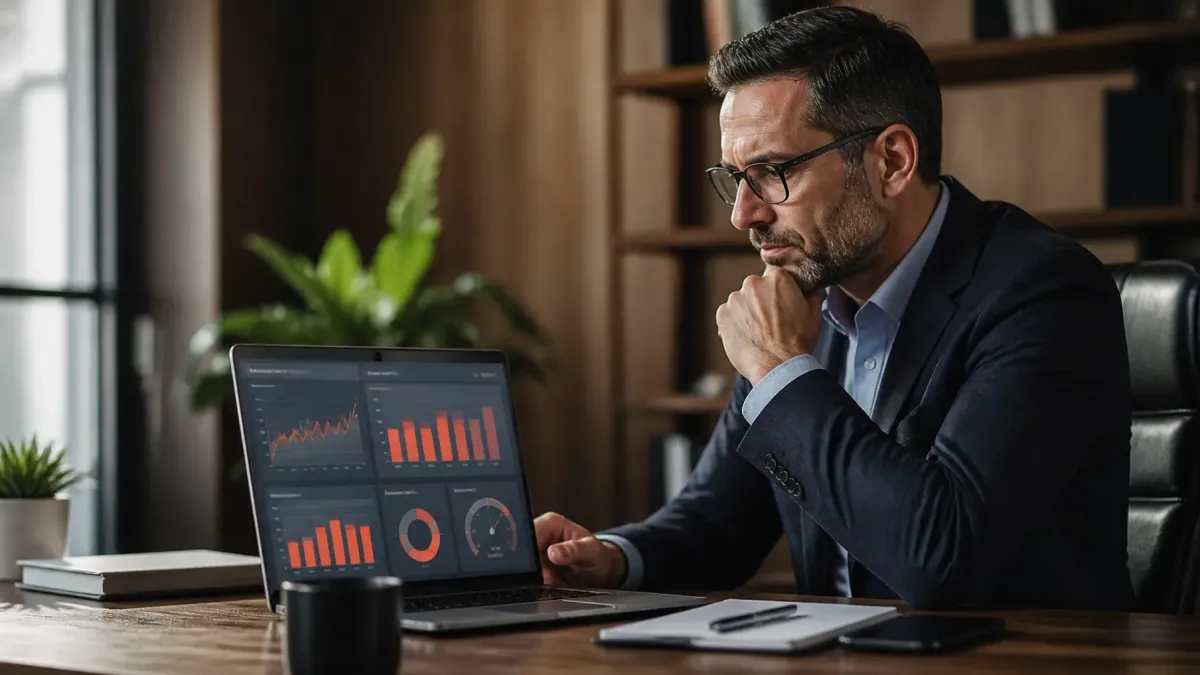 Business executive analyzing company performance data and financial metrics on a laptop dashboard