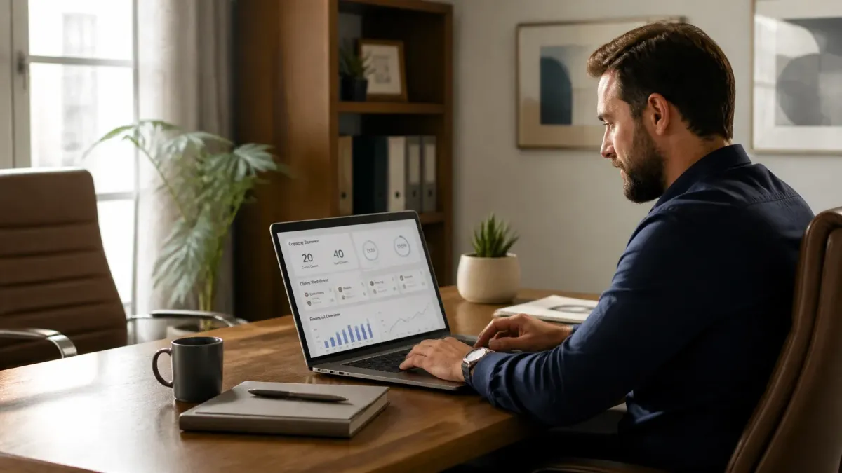 Business professional reviewing financial performance and client data on a laptop dashboard
