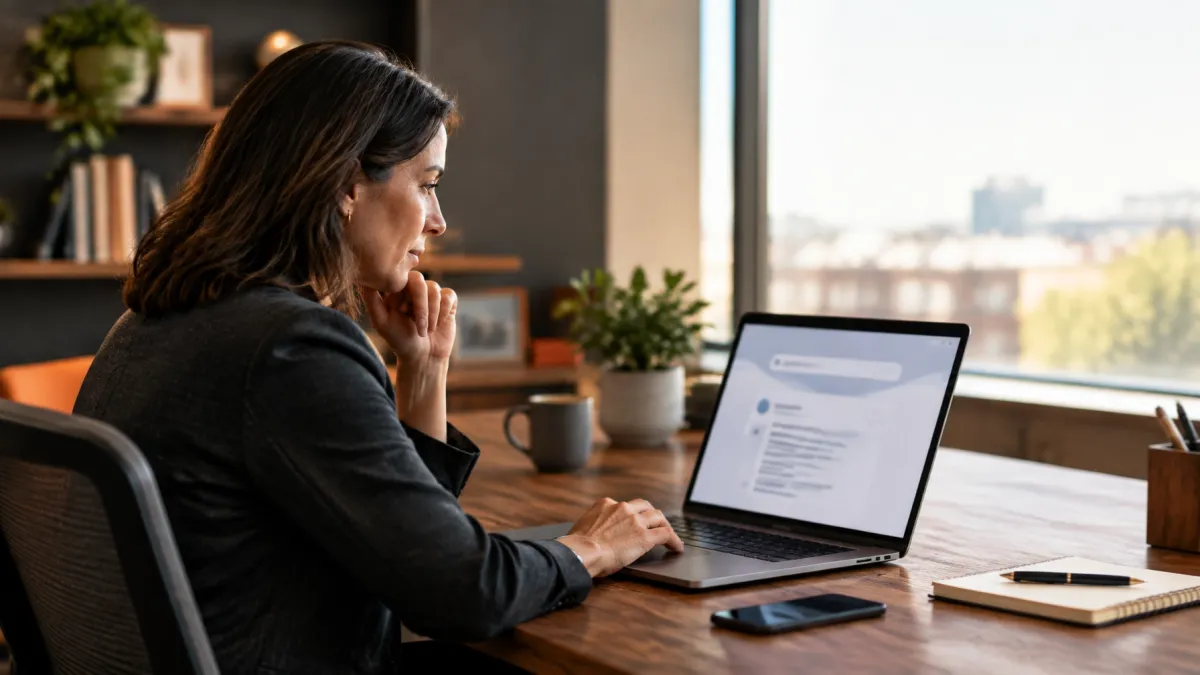 Businesswoman researching online business growth strategies on a laptop in a modern office, representing digital marketing, online research, business development, and data-driven decision-making.
