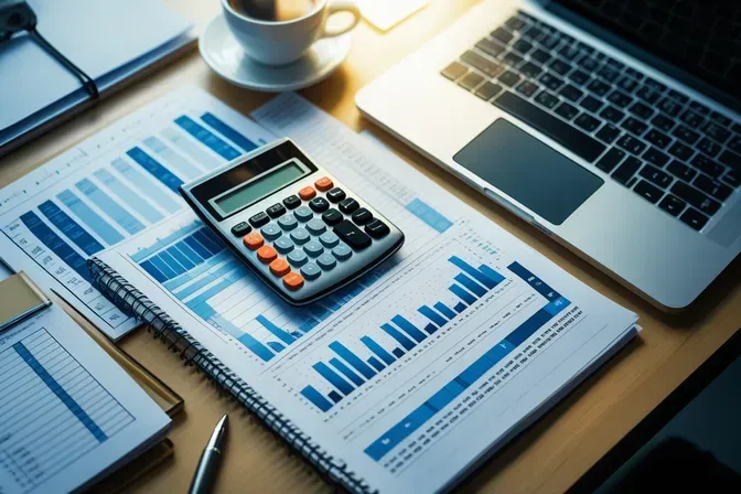Accounting spreadsheets and laptop on CPA’s desk in Saint Petersburg, FL