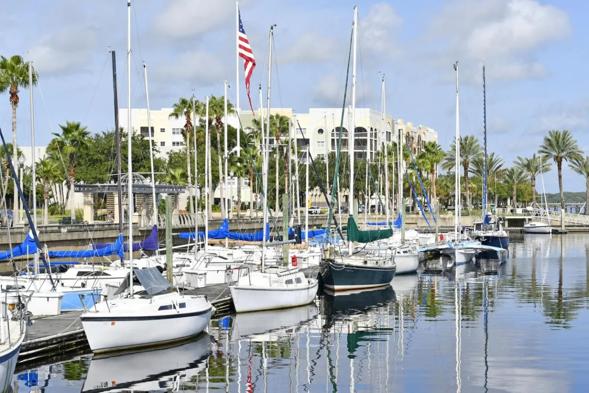 Sailboats docked at marina near downtown Sanford, Florida on Lake Monroe