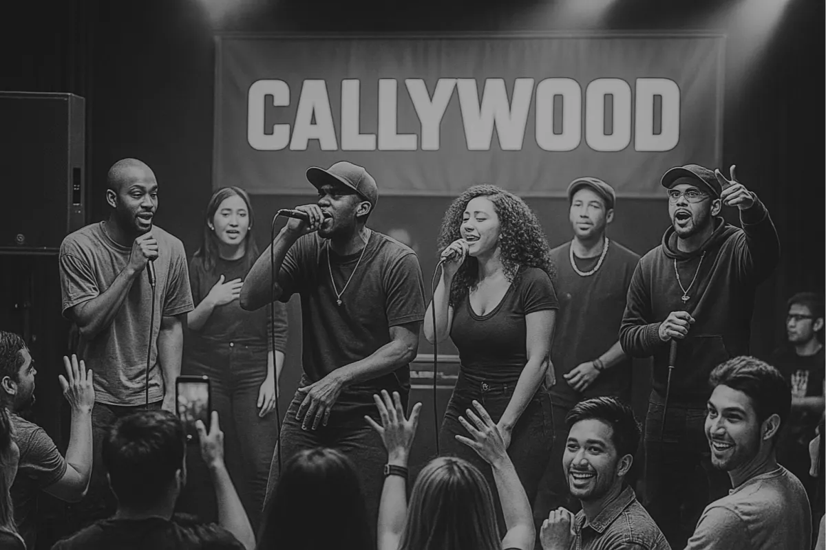 A keyboard with headphones and a microphone