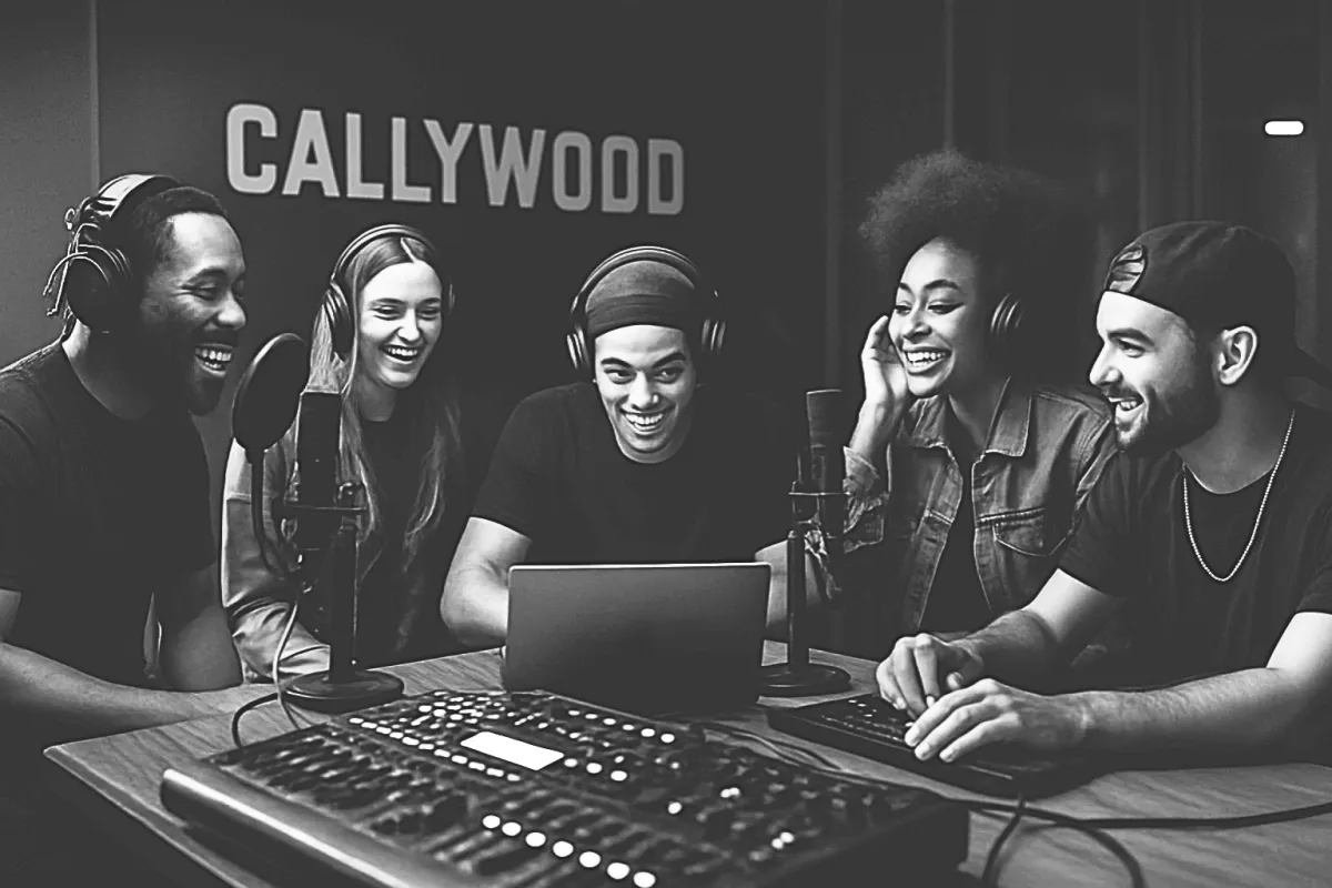 a group of people standing on top of a lush green field
