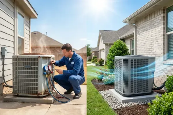 A split-screen marketing photograph for an HVAC company under a bright, sunny sky. The left side shows a technician in blue overalls kneeling next to an older, slightly rusted AC condenser unit, using gauges and tools to inspect it as faint heat waves ripple upward. The right side features a brand-new, modern, energy-efficient gray AC condenser installed on a clean concrete pad next to a suburban brick home, surrounded by neat green landscaping with a subtle overlay of cool blue airflow graphics indicating high performance.