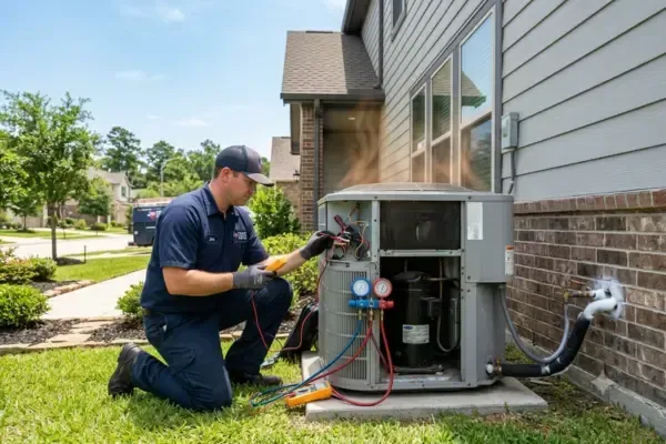 A professional HVAC technician in a dark blue uniform kneels on the grass beside an outdoor residential AC condenser unit next to a modern suburban house. The unit's service panel is open, exposing internal wiring and components, and professional diagnostic gauges are hooked up to it. Frost is visible on the refrigerant line entering the house wall, and faint heat waves rise from the unit, indicating mechanical trouble on a bright, sunny day. The upper left portion of the image features clear blue sky, providing open space for text.