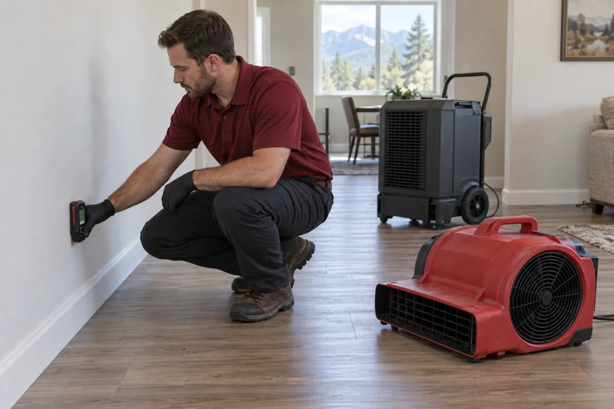 Illustration of a restoration technician checking moisture beside professional drying equipment