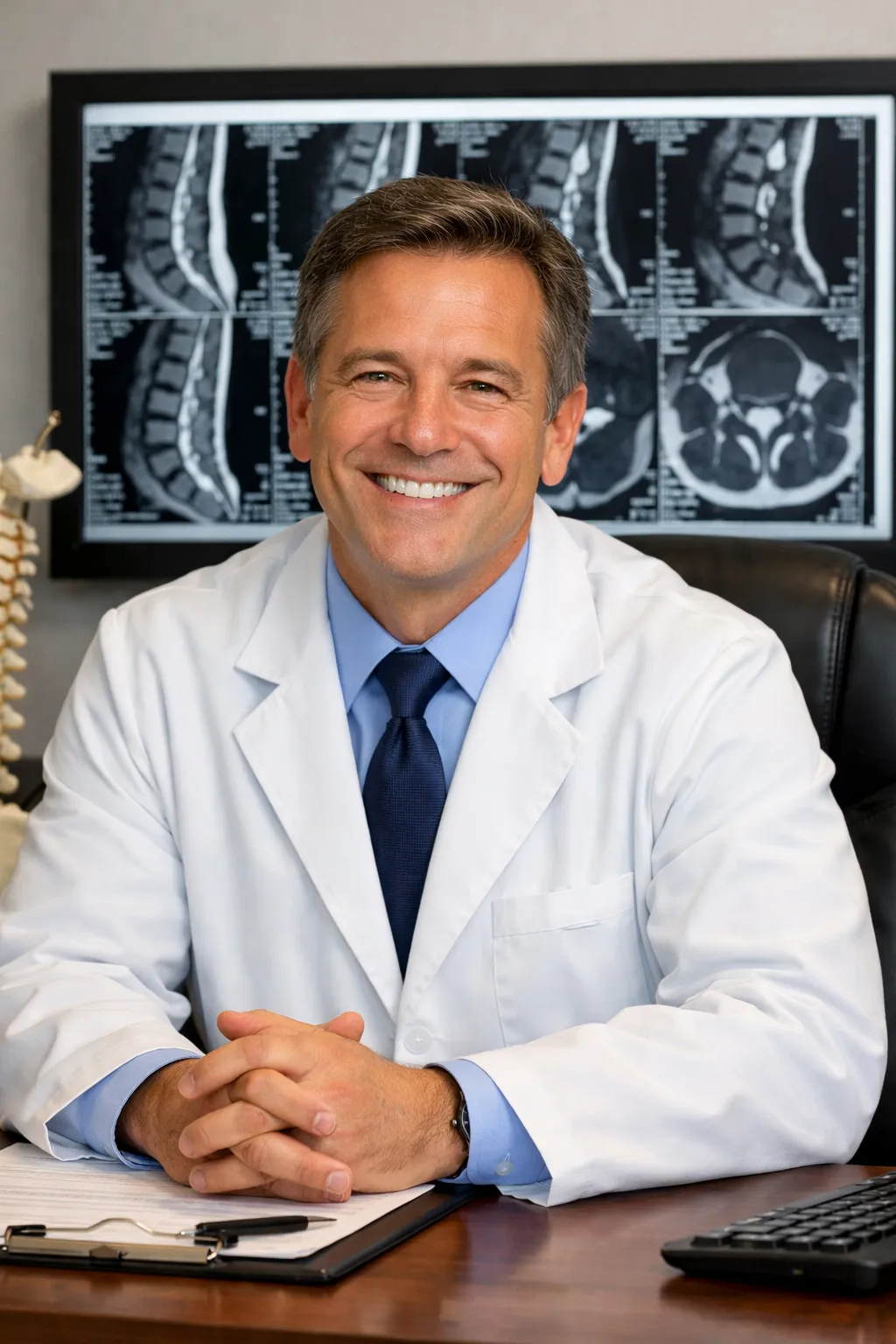 Doctor writing on clipboard in office