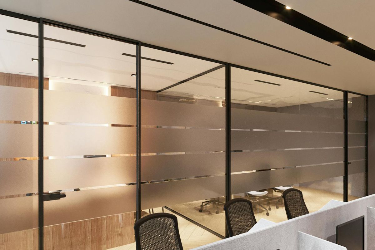 Decorative frosted glass office partitions with privacy banding installed by RDB Glass in Dayton, Ohio. frosted office glass Dayton, decorative commercial glass Ohio, privacy glass partitions, etched office glass