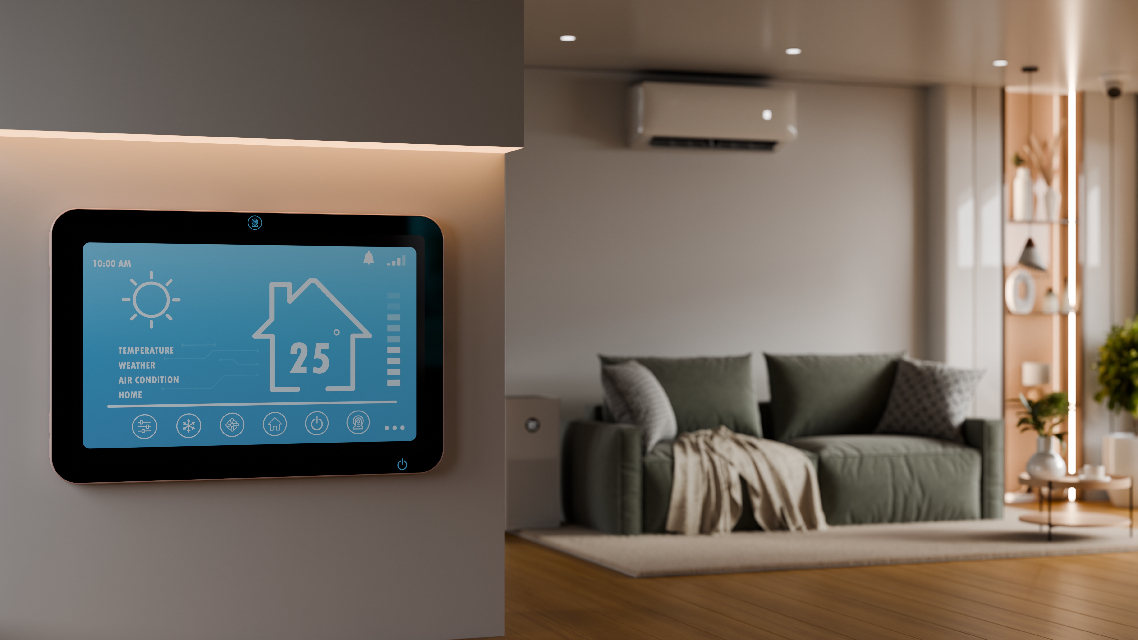 Smart thermostat displaying indoor temperature settings in a modern living room, highlighting the importance of choosing the right air conditioner installation for optimal comfort.