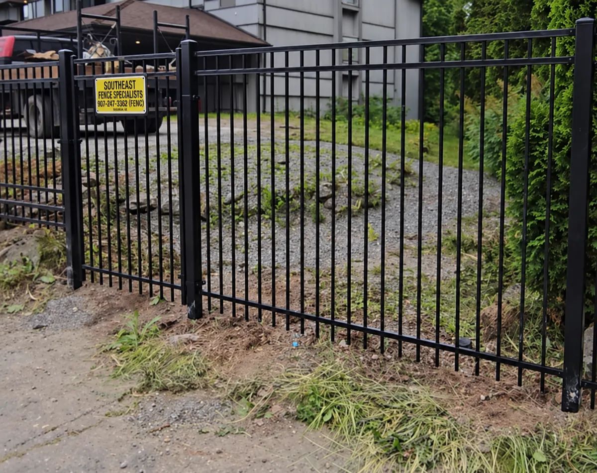 Black metal gate and matching fence beside an evergreen hedge