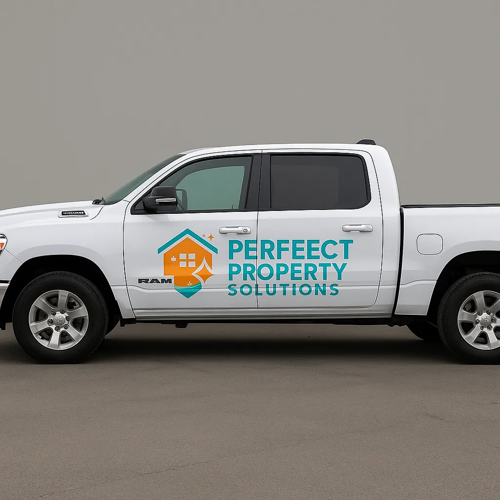 Owner next to branded service van with Atlanta skyline in background