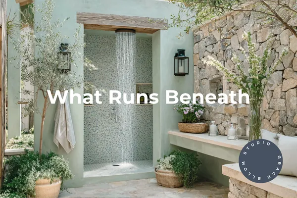 Outdoor stone and plaster shower in a serene garden setting with soft greenery and the words “What Runs Beneath” overlaid in white text.