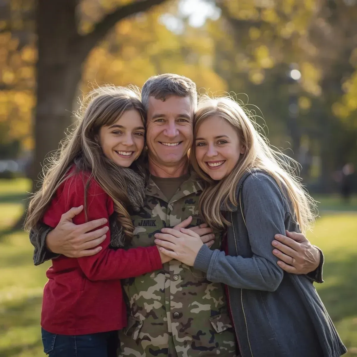 veteran hugging daughters
