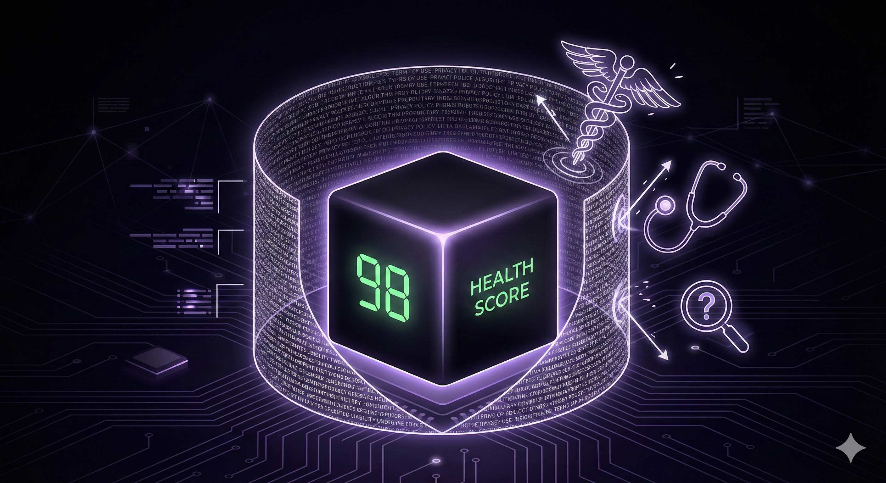 Digital health visualization showing integrated metrics and a personalized health score.