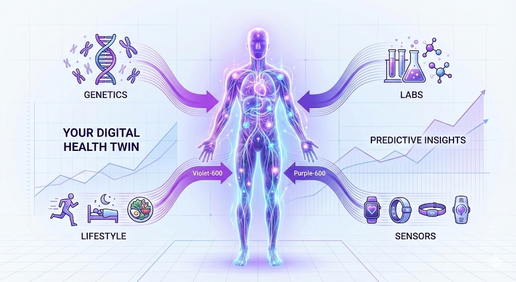 Diagram of digital health twin combinig lifestyle, genetics, labs, and wearable sensor, data to generate predictive insights