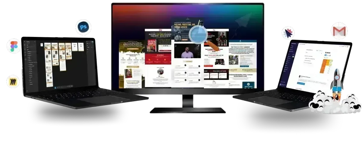Layer2Funnels high-converting sales funnel design portfolio showcased on desktop and laptop screens.
