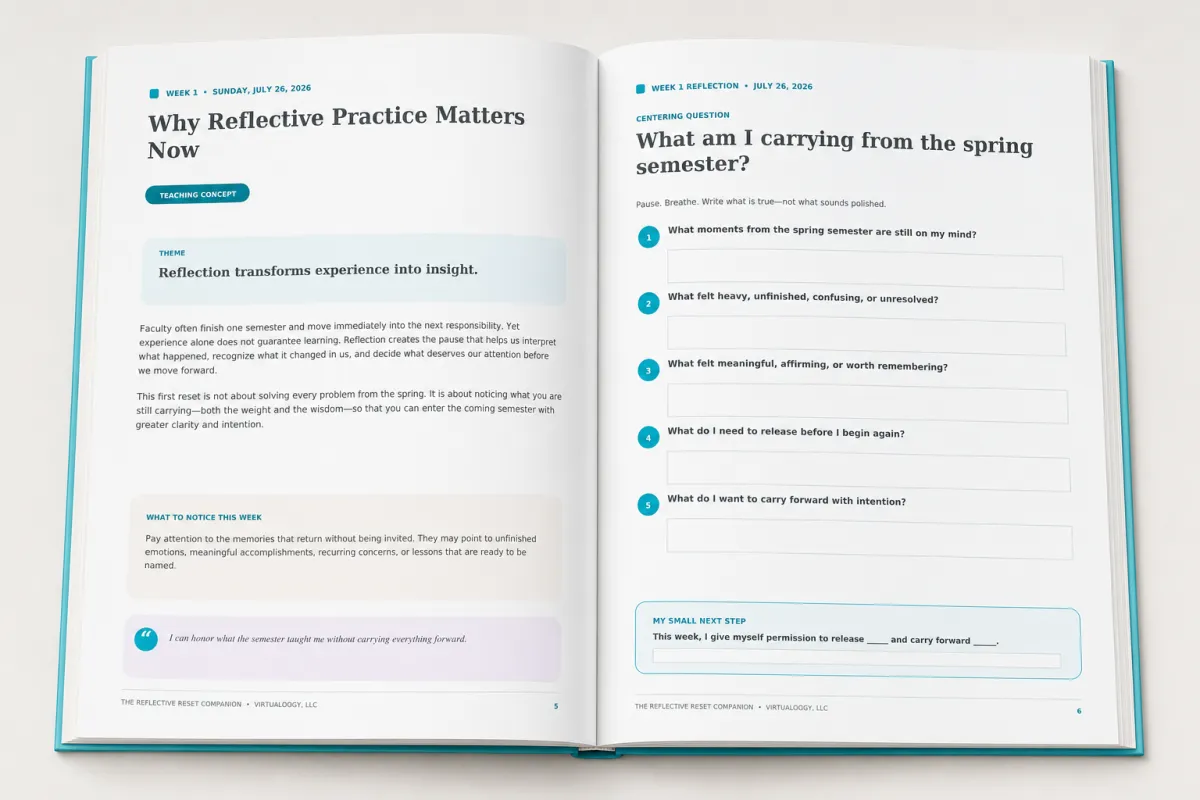 A high-resolution 3D mockup of the open Reflective Reset Companion workbook interior, showing clean typography and large Centering Question callouts.
