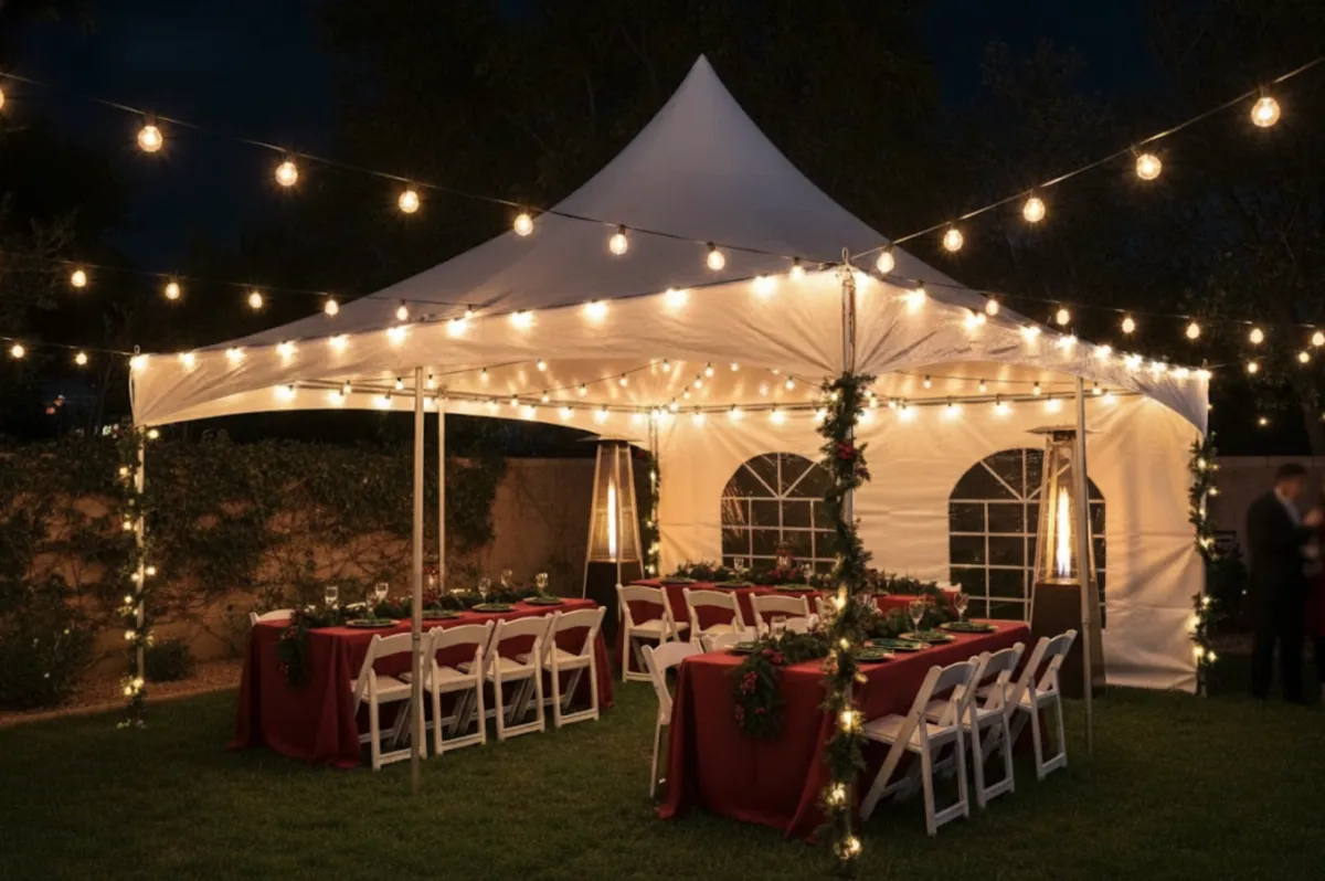 A compact 10x10 white canopy tent set up at a local farmers market, sheltering a vendor table with fresh produce and cheerful customers browsing under the tent.