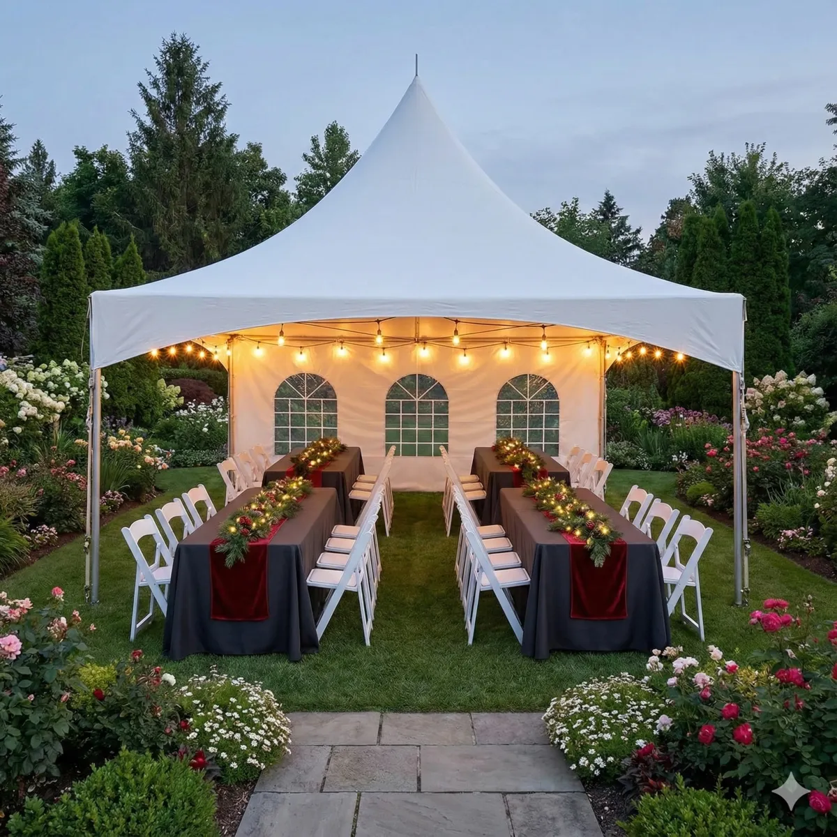 A round banquet table with a crisp white finish, elegantly set for six guests, placed in a sunlit event space with minimalistic decor.