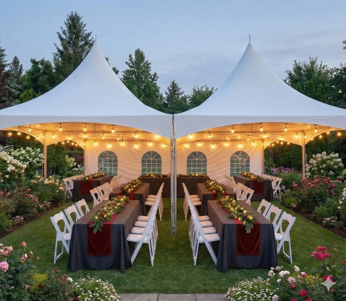 A rectangular farmhouse-style wooden table with a rustic finish, set up for a buffet in a lush garden setting.