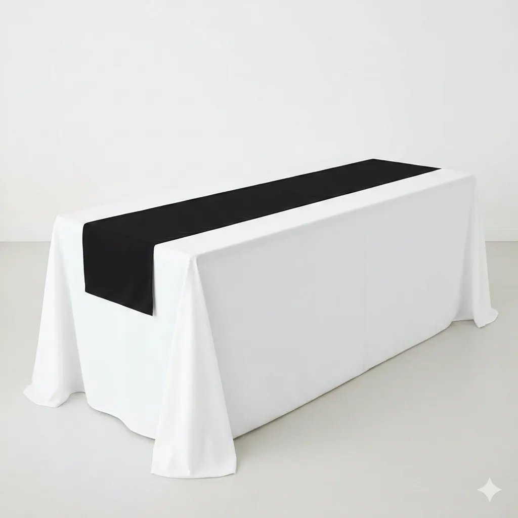 Rich navy blue tablecloth on a rectangular table, styled for a modern party