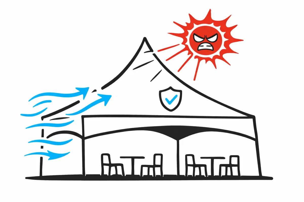 An outdoor garden party scene featuring farmhouse tables and folding wood chairs arranged under glowing string lights. The tables are decorated with wildflowers and candles, creating a warm, inviting atmosphere for a summer celebration.