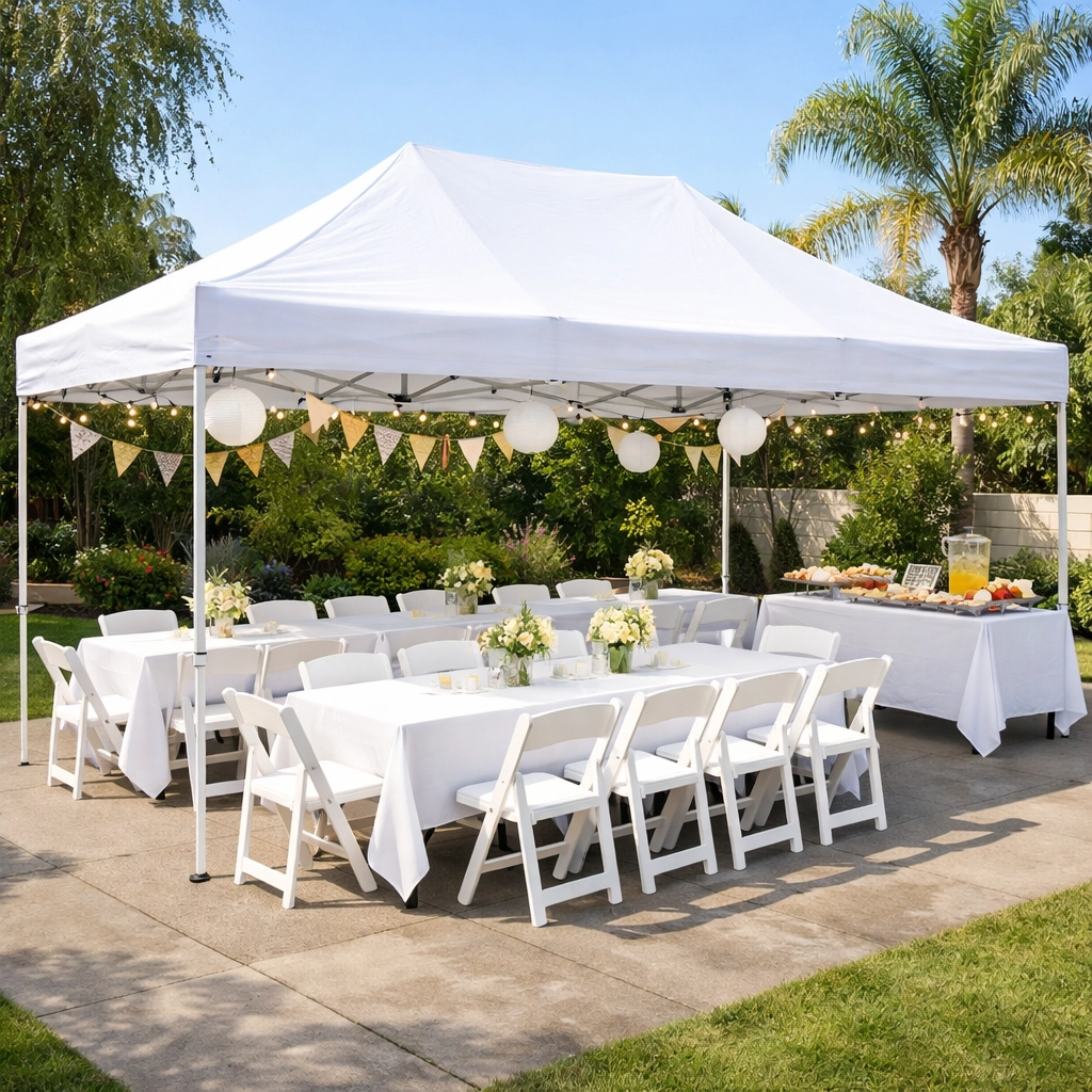 A 13x26 canopy tent set up for a corporate team-building event, with rows of chairs, a presentation area, and branded banners inside the tent.