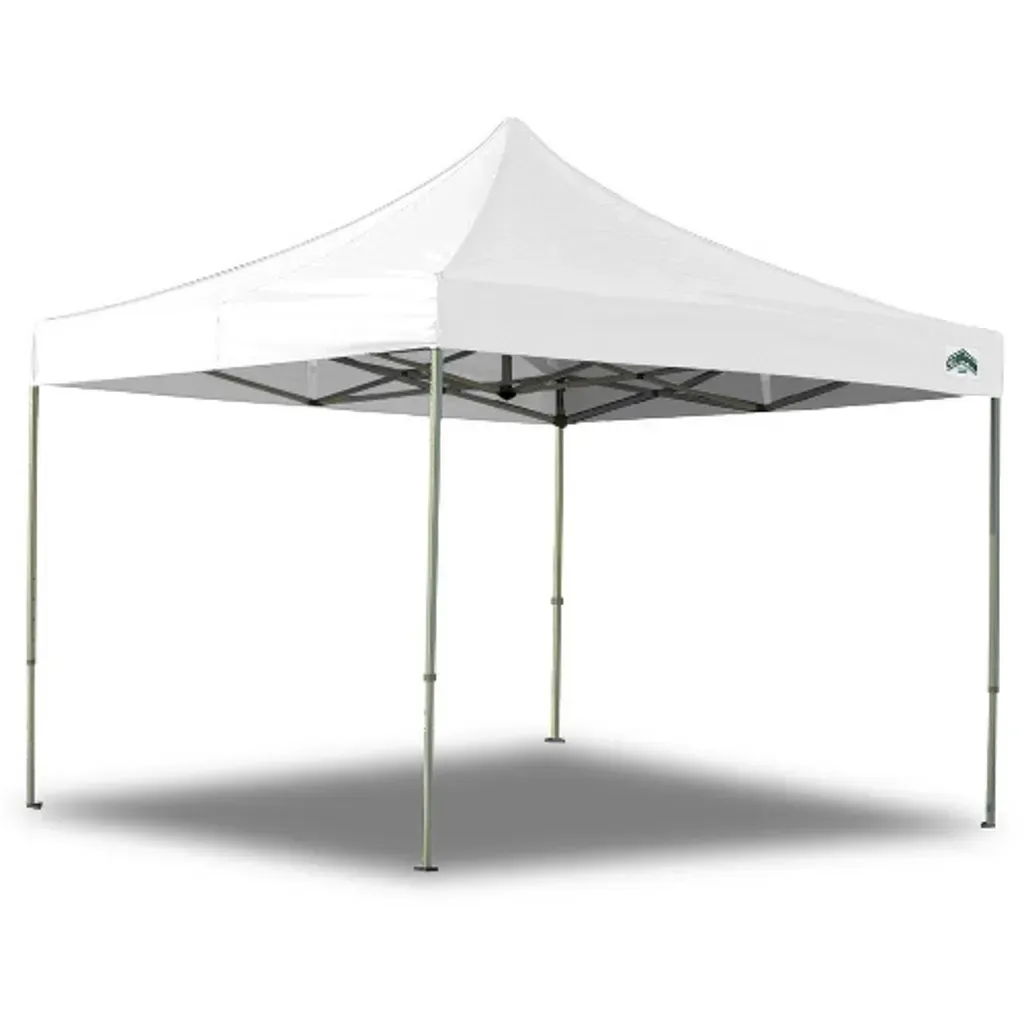A compact 10x10 white canopy tent set up at a local farmers market, sheltering a vendor table with fresh produce and cheerful customers browsing under the tent.