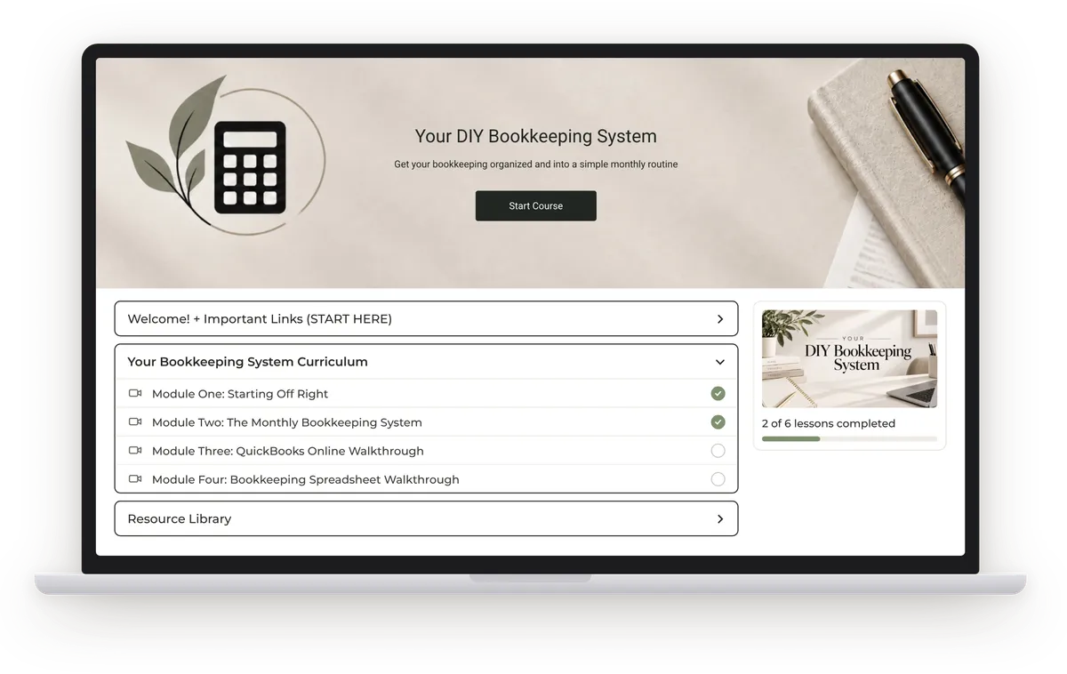 Comprehensive step-by-step digital curriculum showing modules on bookkeeping fundamentals