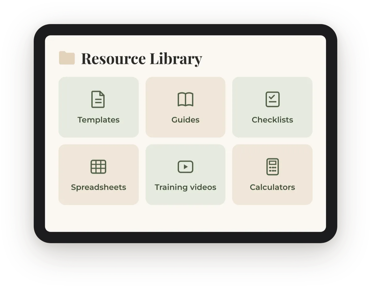 Tablet device mockup displaying bookkeeping checklists, templates, and downloadable resources