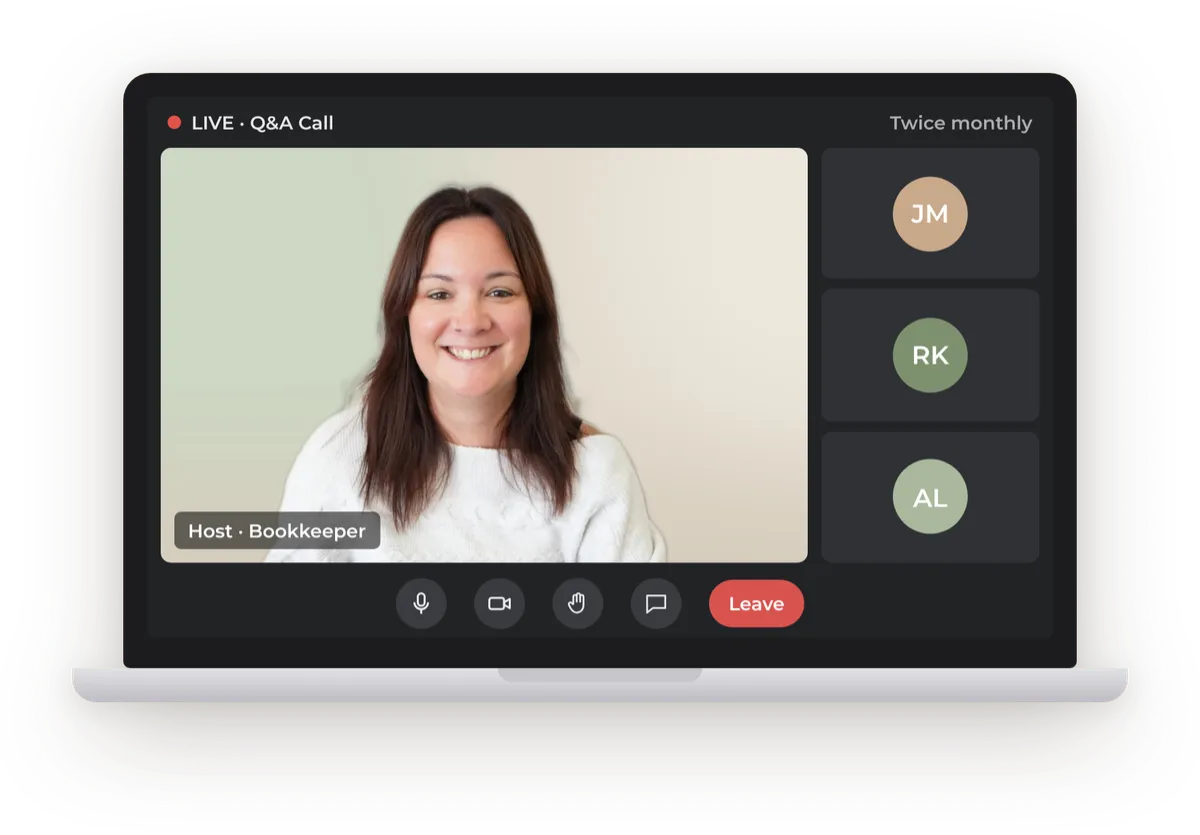 Laptop mockup previewing live group coaching sessions and interactive question and answer calls