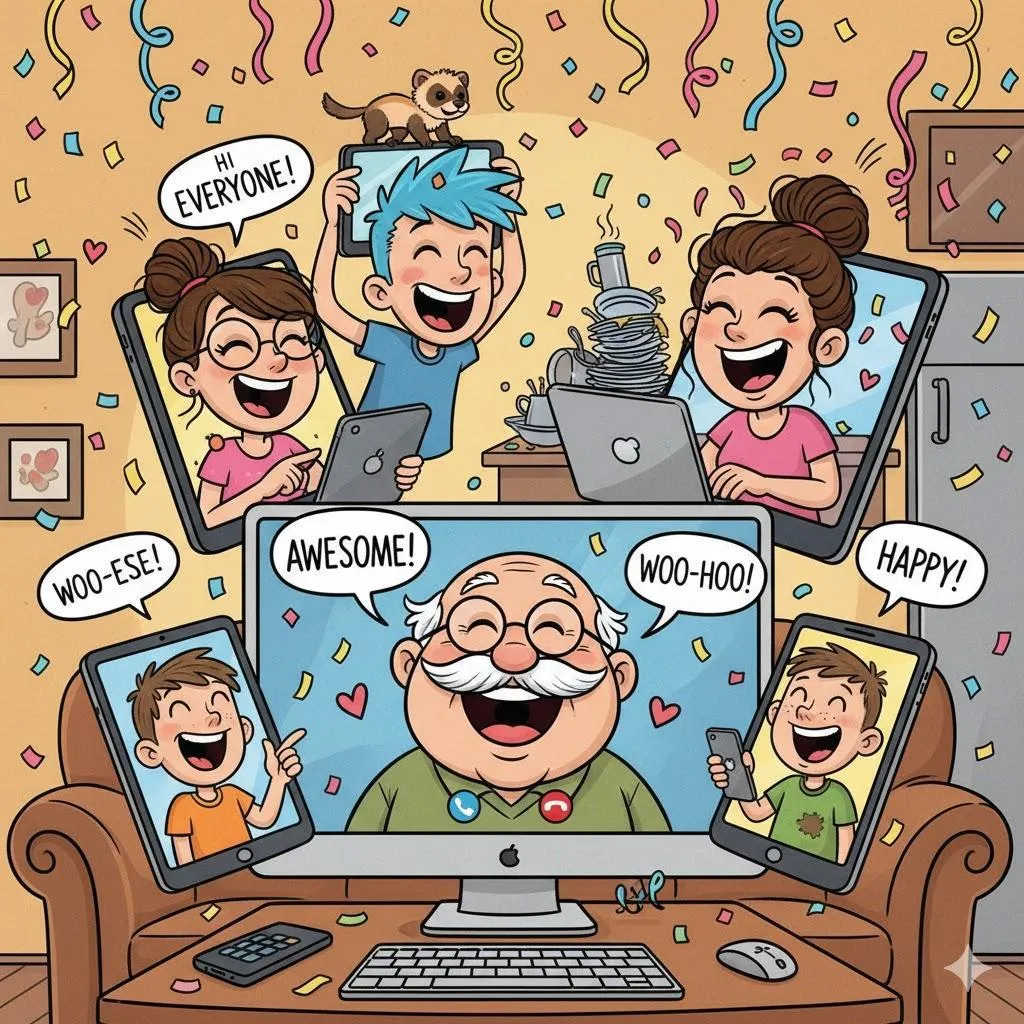 Family laughing together on laptop video call, illustrating how apps help families stay connected across distances
