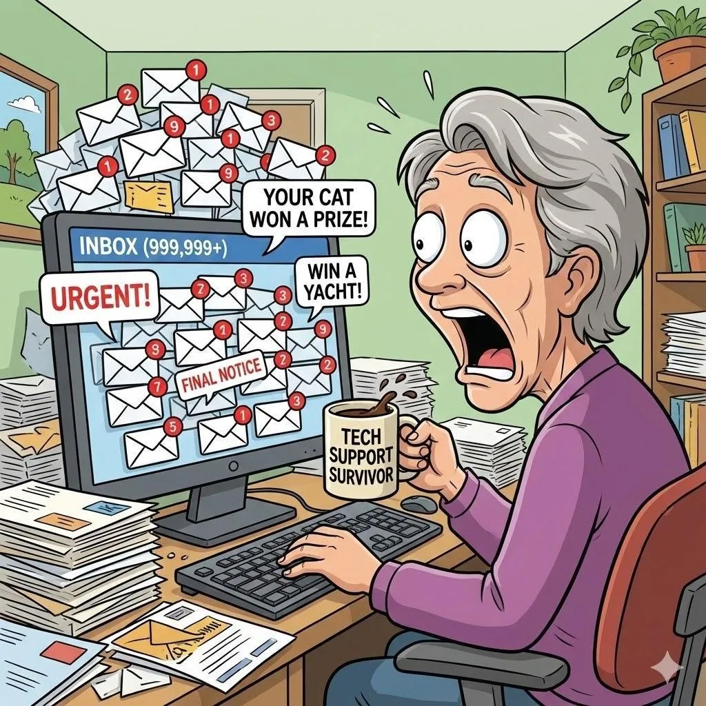 Senior overwhelmed by hundreds of spam emails with urgent messages, illustrating common email spam problem