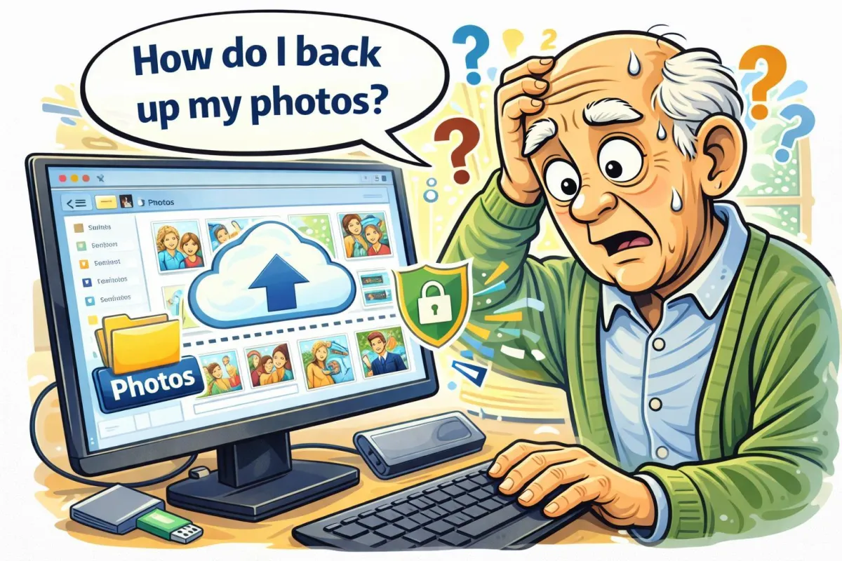 Senior man learning how to back up photos to cloud storage and external drive to protect important family pictures