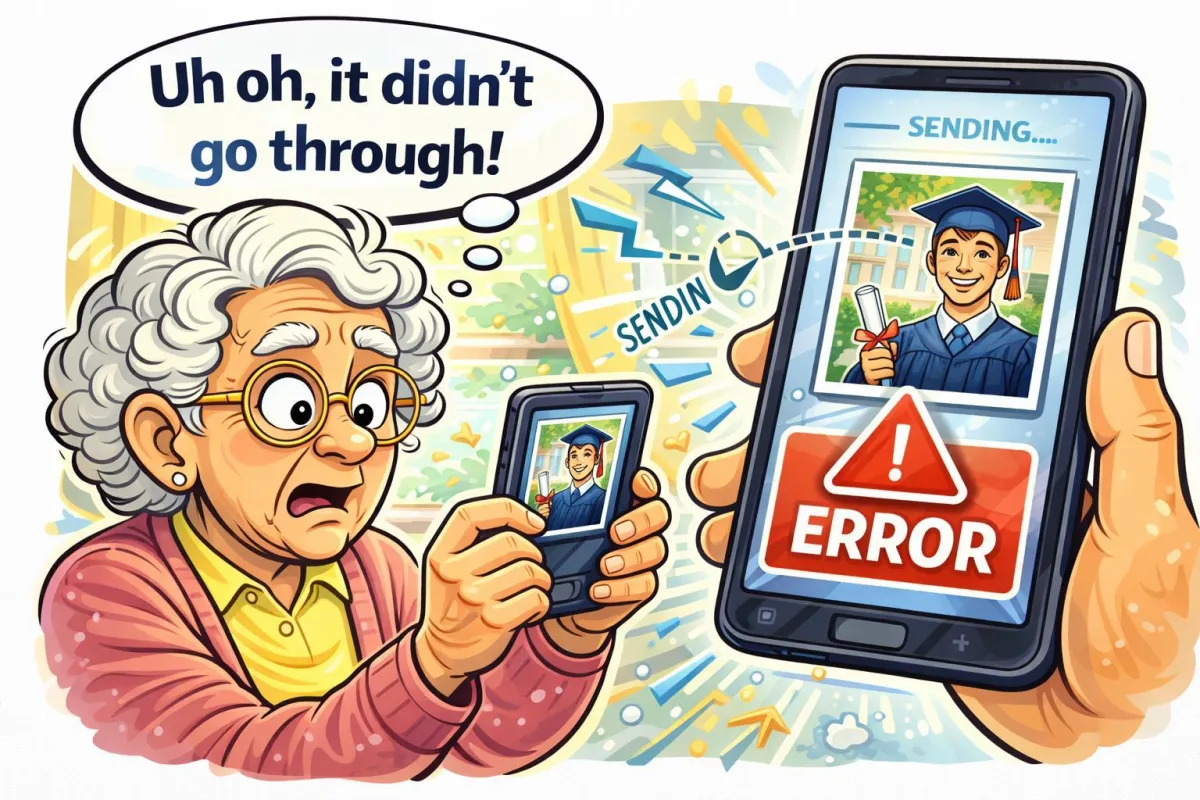 Senior woman experiencing photo sending error on smartphone while trying to share graduation picture with family
